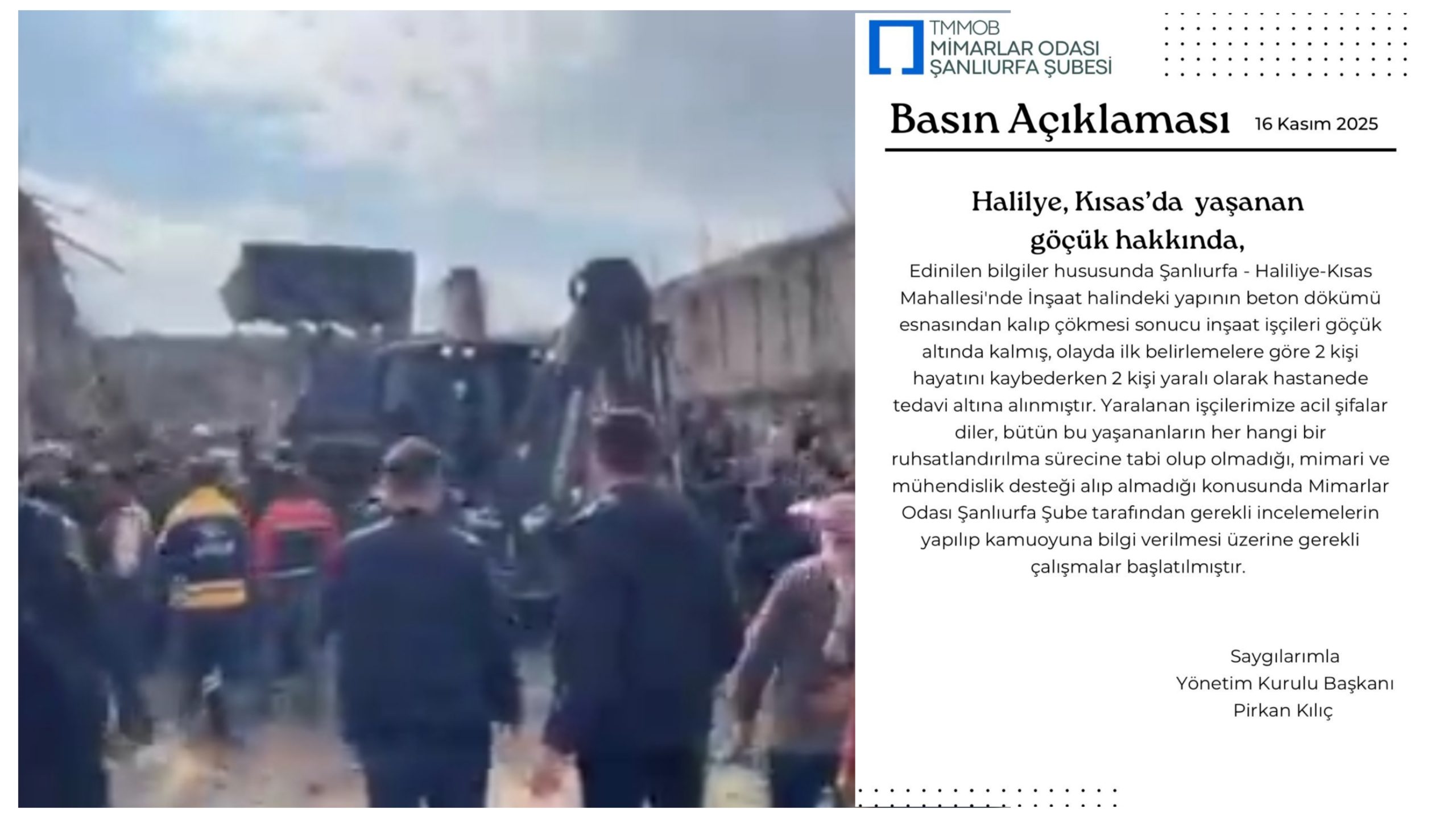 TMMOB Mimarlar Odası Şanlıurfa Şubesi Haliliye – Kısas Mahallesi’ndeki Göçük Olayına İlişkin Kamuoyu Açıklaması