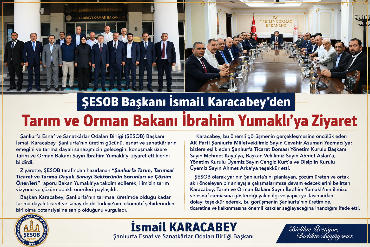 ŞESOB Başkanı İsmail Karacabey’den Tarım ve Orman Bakanı İbrahim Yumaklı’ya Ziyaret